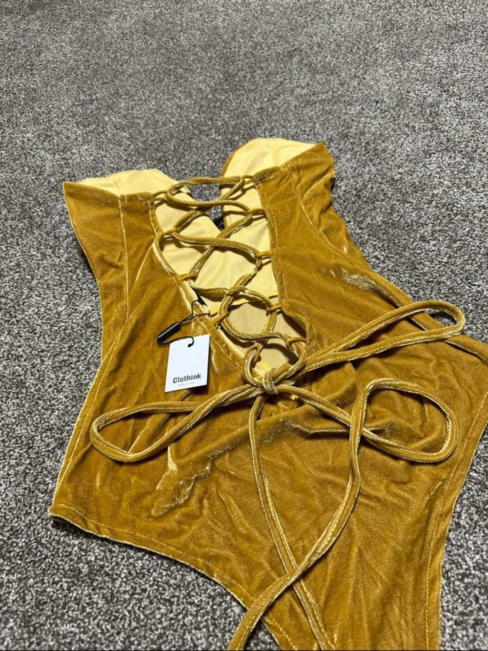 Velvet Lace-Up Strapless Bodysuit in Gold sweetheart neckline - Picture 2 of 6